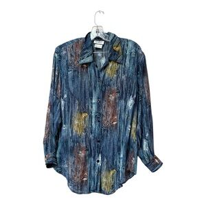 Vintage 90s Wearable Art Abstract Blouse Rayon Semi Sheer COMO